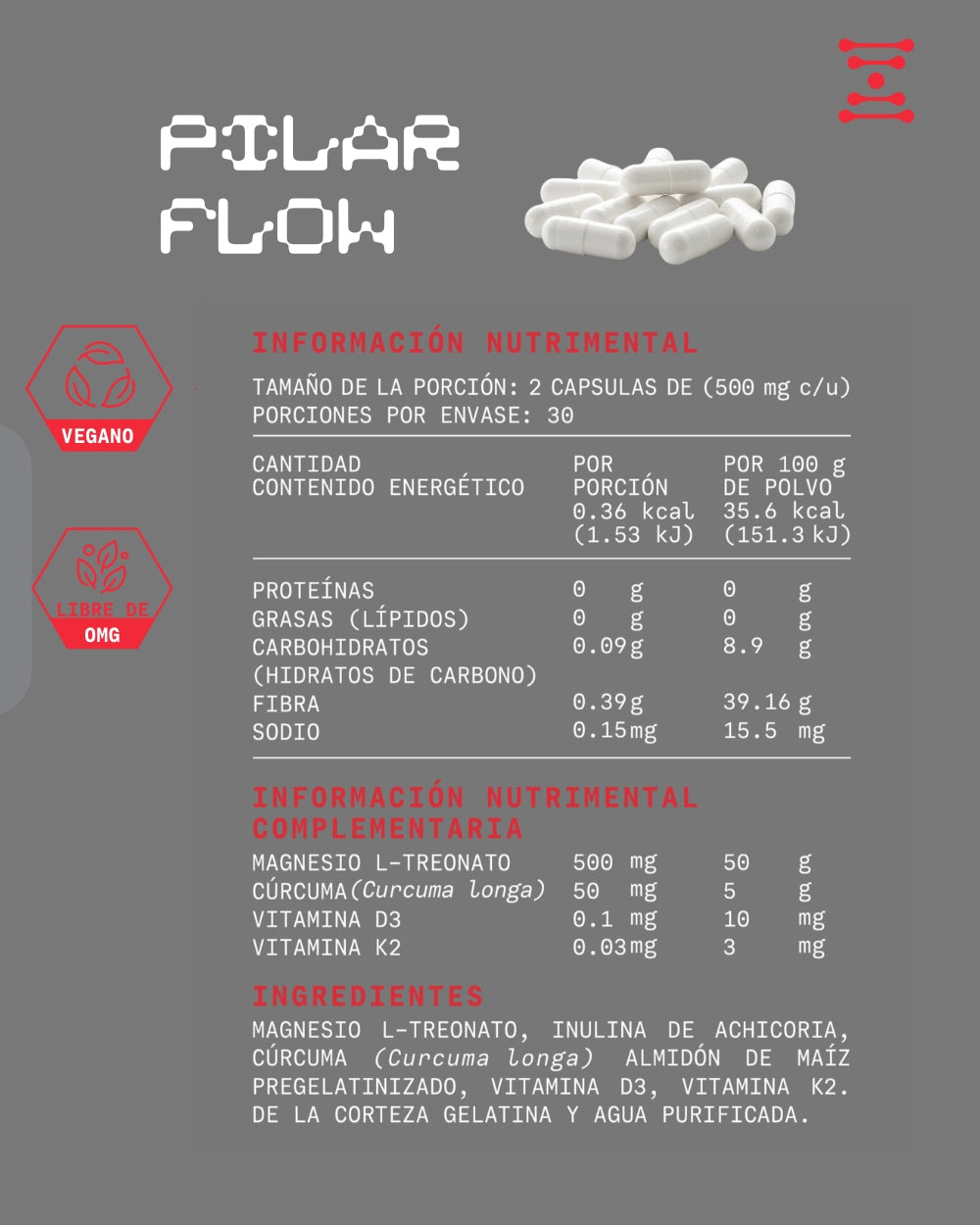 PILAR FLOW(Magnesio L-Treonato, Cúrcuma, D3, K2)